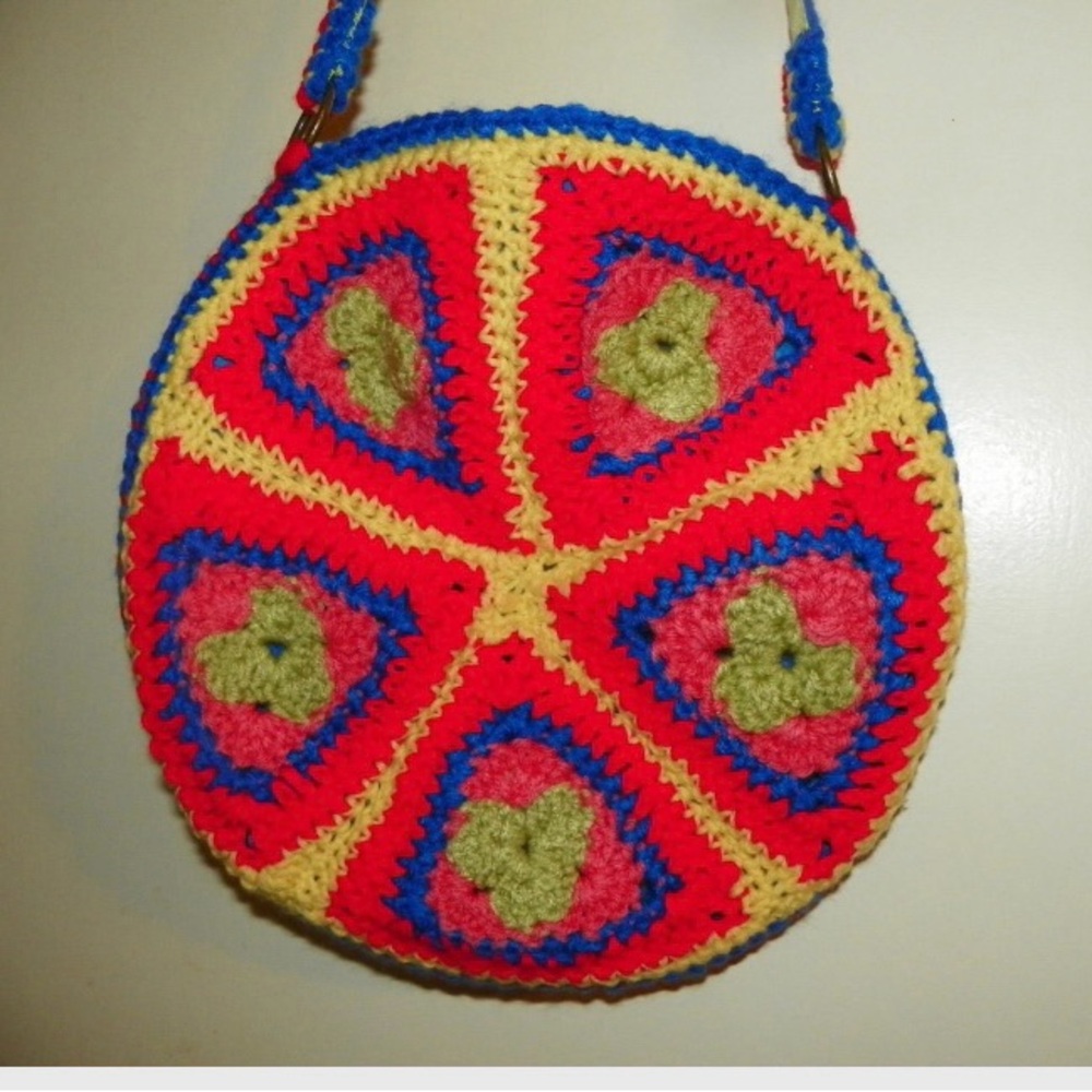 Granny Square Style Purse Round I Fully Linned it with a Blue Felt Fabric New